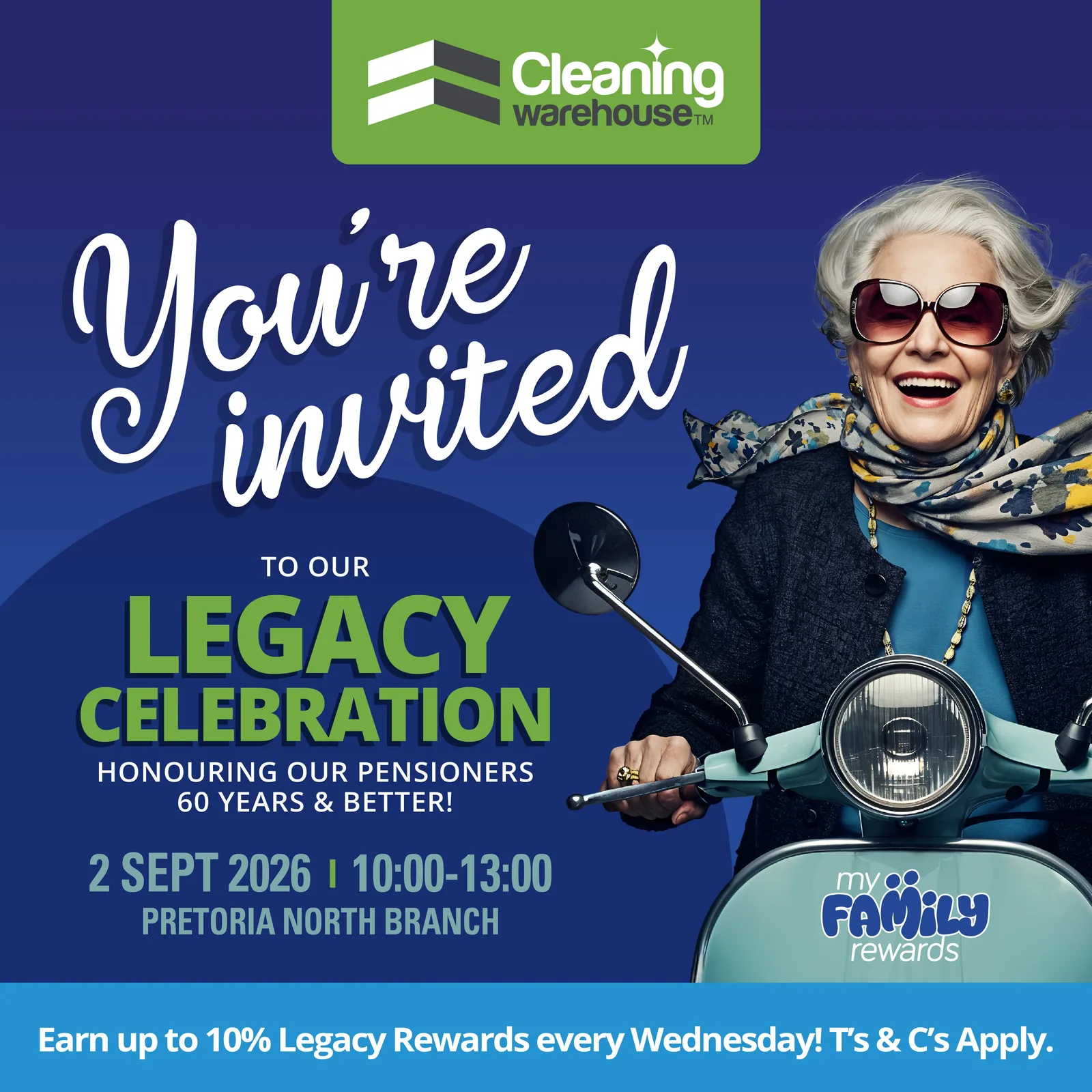 You're invited to our Legacy Celebration, honouring our pensioners 60 years and better - 2 September 2026, 10:00-13:00, Pretoria North Branch. Earn up to 10% Legacy Rewards every Wednesday.