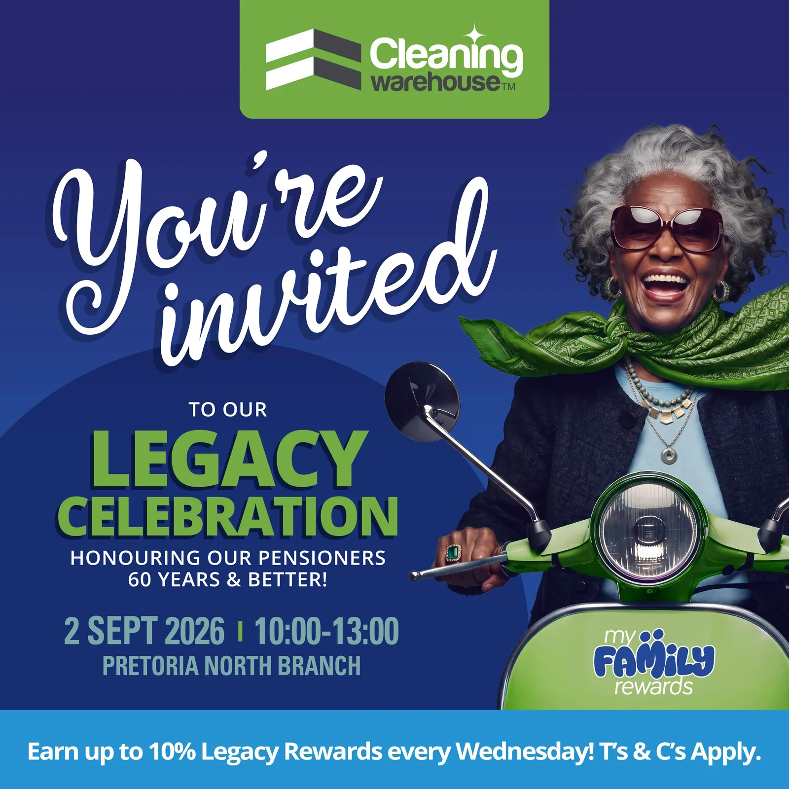 You're invited to our Legacy Celebration, honouring our pensioners 60 years and better - 2 September 2026, 10:00-13:00, Pretoria North Branch. Earn up to 10% Legacy Rewards every Wednesday.