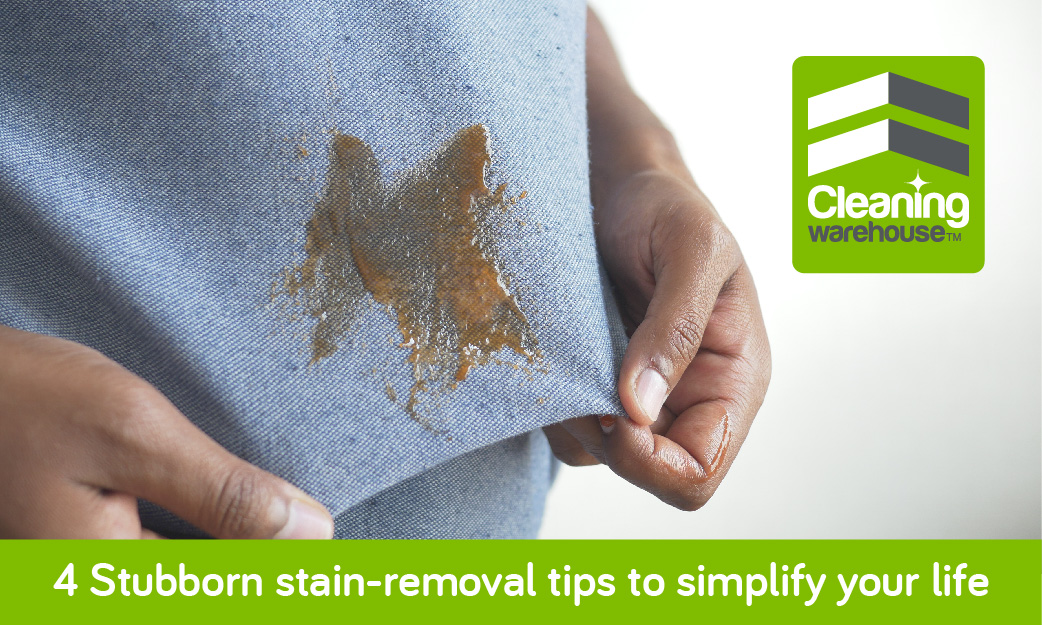 Shirt with stubborn stain held up, stain removal tips.