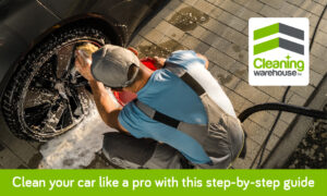 Man washing car tires with foam and water, promoting car care combo.