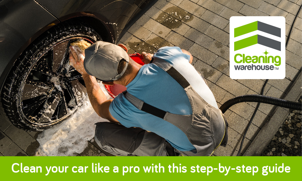Man washing car tires with foam and water, promoting car care combo.