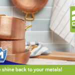 JIM™Brass Glo – Add back the shine to the metals in in your home or office Jim™Brass Glo product next to shining copper pots cleaned with Brass Glo