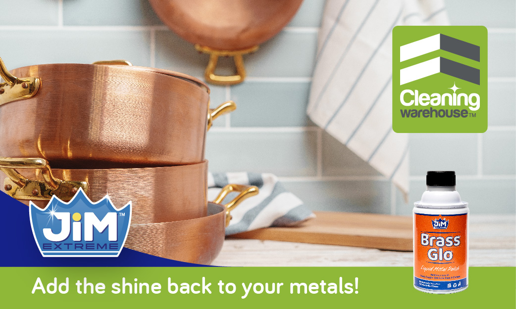 Jim™Brass Glo product next to shining copper pots cleaned with Brass Glo
